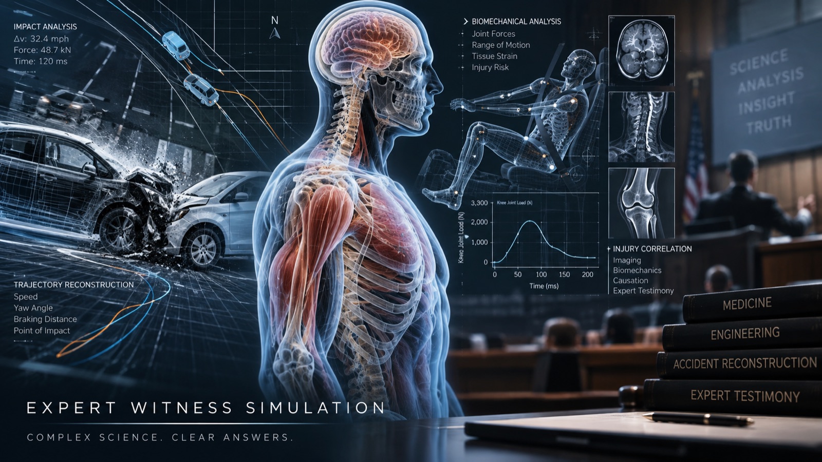 Expert witness simulation: a biomechanical injury analysis, crash trajectory reconstruction and medical imaging laid over a courtroom, with treatises on medicine, engineering, accident reconstruction and expert testimony on the counsel table