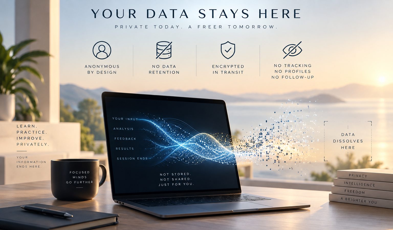 Your data stays here: a laptop on a desk by the sea, the session's input, analysis, feedback and results streaming off the screen and dissolving into light — anonymous by design, no data retention, encrypted in transit, no tracking