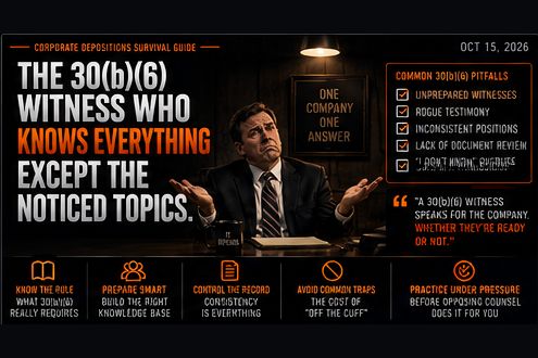 Cover art: a corporate executive at a deposition table, shrugging, beside a list of common 30(b)(6) pitfalls