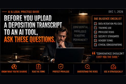 Cover art: a lawyer weighs a laptop upload beside a due-diligence checklist for AI tools