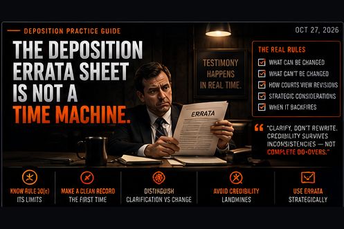 Cover art: a witness holds up an errata sheet under a sign reading Testimony happens in real time