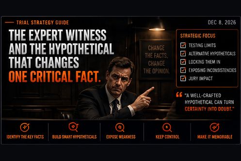 Cover art: an expert witness points under a sign reading Change the facts, change the opinion