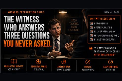 Cover art: a witness gestures mid-answer under a sign reading Stop talking, start listening
