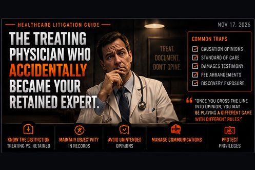 Cover art: a physician in a white coat under a sign reading Treat, document, don't opine