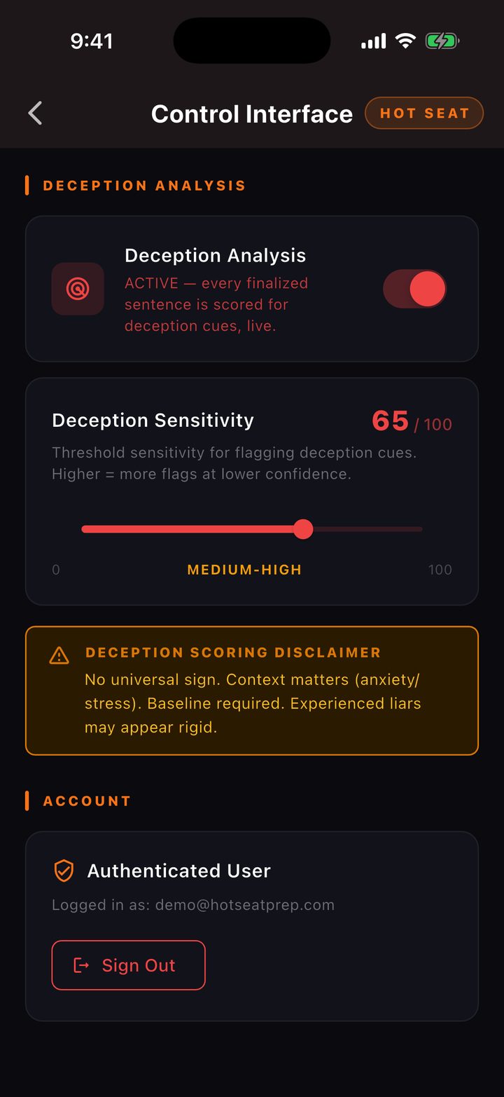 Third Degree deception analysis settings: consent toggle active, sensitivity slider, and the deception scoring disclaimer