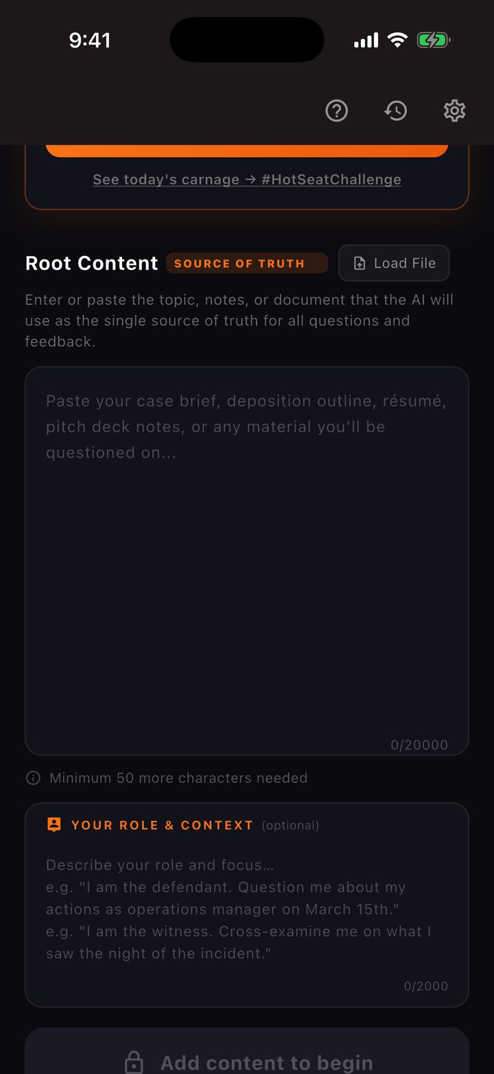 Third Degree Root Content screen: paste your case brief or upload a file — the AI's single source of truth — plus your role and context