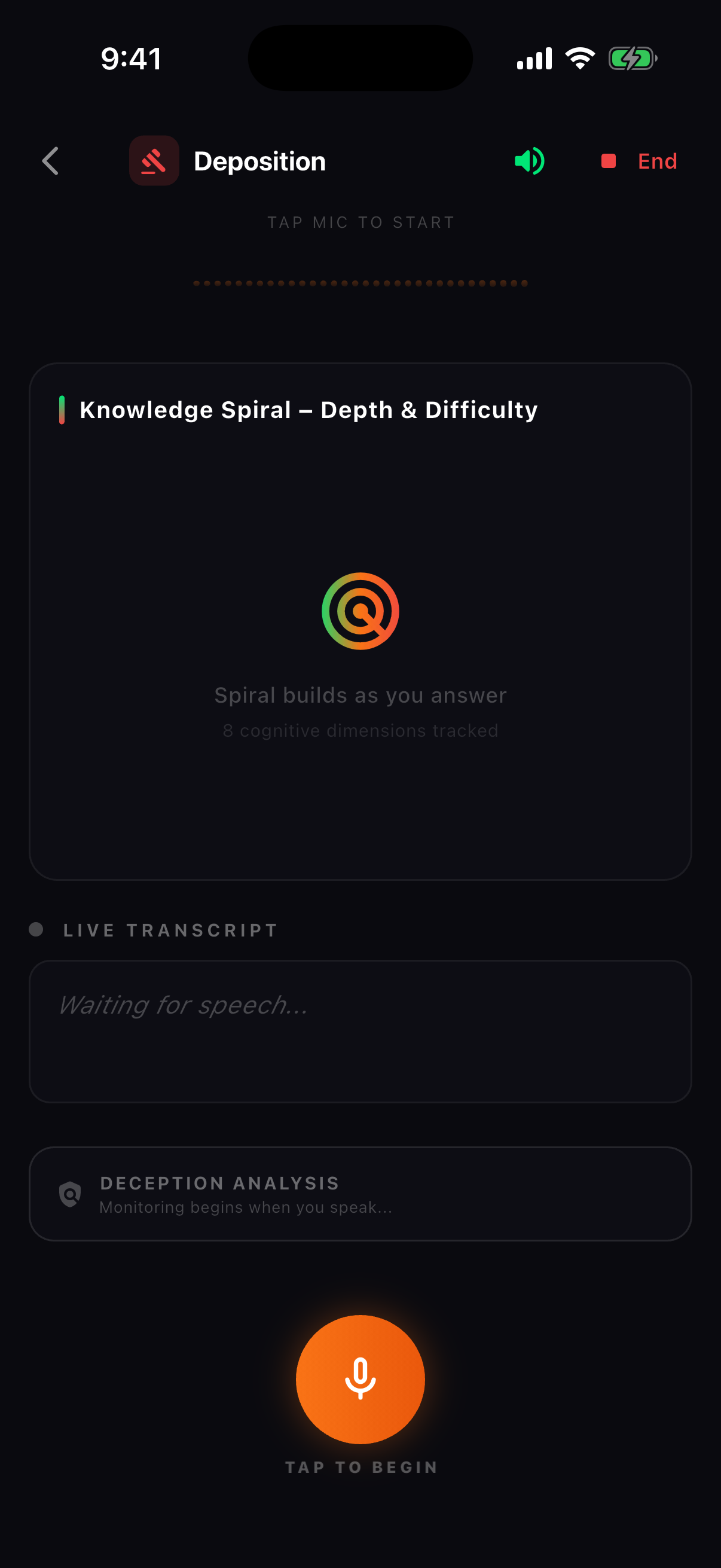Live Third Degree deposition session: Knowledge Spiral, live transcript, and deception analysis monitoring
